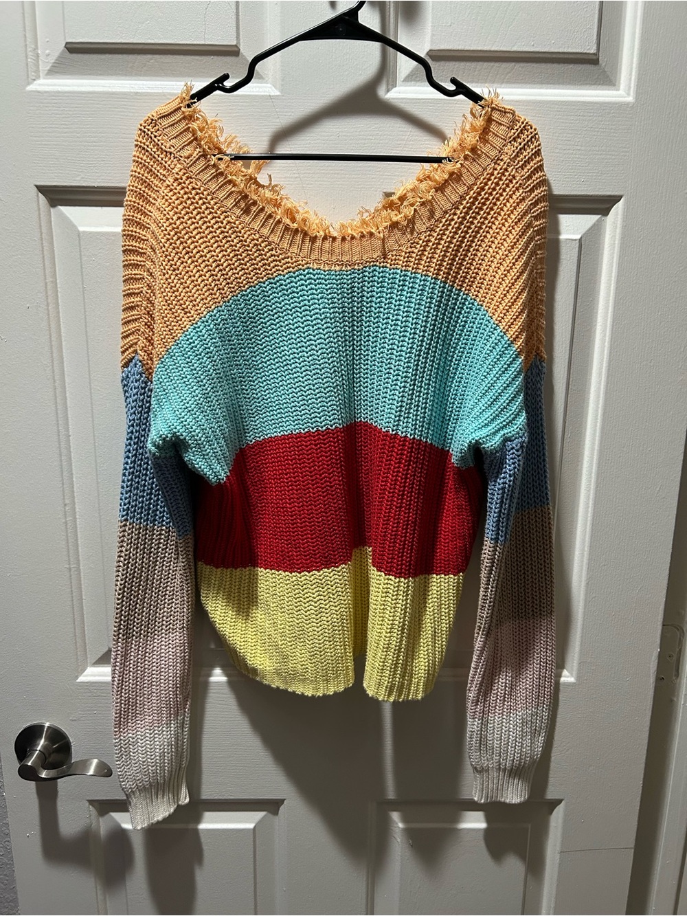 525 America Shaker Fringe Distressed Neck Multicolor Rainbow Women’s Sweater